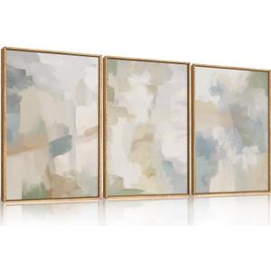 Large Abstract Gray Pastel Framed Canvas Wall Art Set,Neutral Watercolor Brush Stroke Wall Decor,Modern Minimalist Beige Illustration Artwork for Living Room,Bedroom,Dining Room - 16"x24"x3