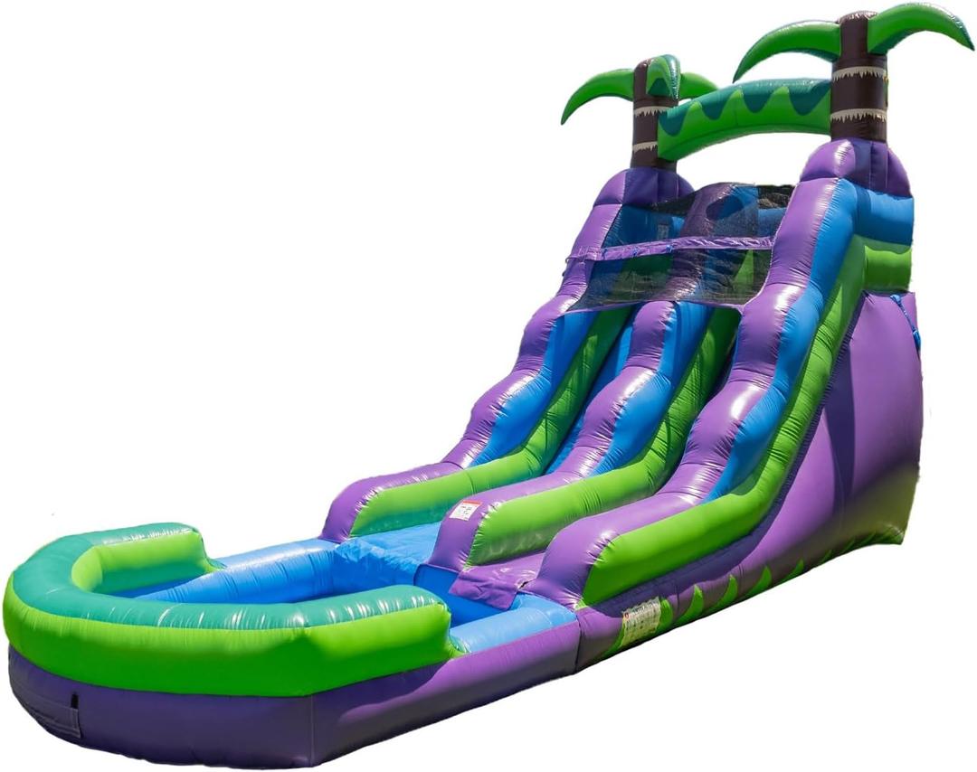 HeroKiddo 16 Purple Tropical Lightweight Premium Commercial Grade Water Slide Inflatable with Attached Pool for Kids and Adults, Wet Dry Use, Summer Fun
