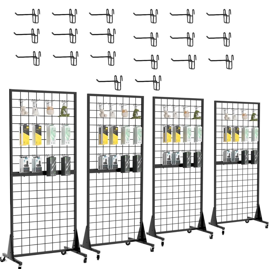 4-Pack 2'x5.5' Ft Gridwall Panel Display Stands Heavy Duty Floor Standing Retail Display Rack with Triangle Base for Retail Art Show With 20 Hooks