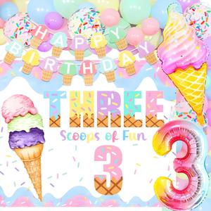 Three Scoops of Fun Birthday Decorations for Girls Three is So Sweet Balloons 3rd Birthday Decoration Backdrop for Girl Summer Ice Cream Theme
