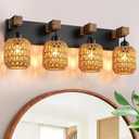 LmnLvn Farmhouse Bathroom Light Fixture, 4-Light Boho Vanity Light, Rattan Bathroom Light Fixture Over Mirror Rustic Vanity Lighting with Handwoven Shades, Suit for Restroom, Bedroom, Hallway