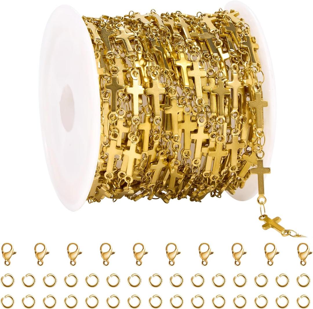 YOUBEIYEE 13 Feet Gold Plated Cross Chain for Jewelry Making Stainless Steel Bar Link Chains Bulk on Spool with Jump Rings Lobster Clasps