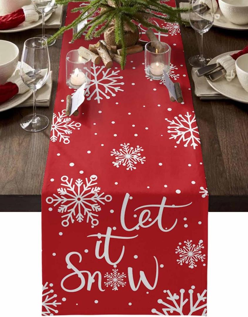 Christmas Table Runner-Cotton Linen-Let it Snow Dinner Scarf Dcor,Long 36 Inch Holiday Winter Snowflake Dresser Scarves,Farmhouse Xmas Kitchen Coffee/Dining Home Living Room Tablerunner,Red White (Orange Smearoud0993)
