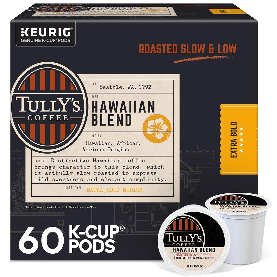 Tully's Coffee Hawaiian Blend, Keurig Single Serve K-Cup Pods, Medium Roast, 60 Count, (6 Packs of 10) (EXP 07/20/28)