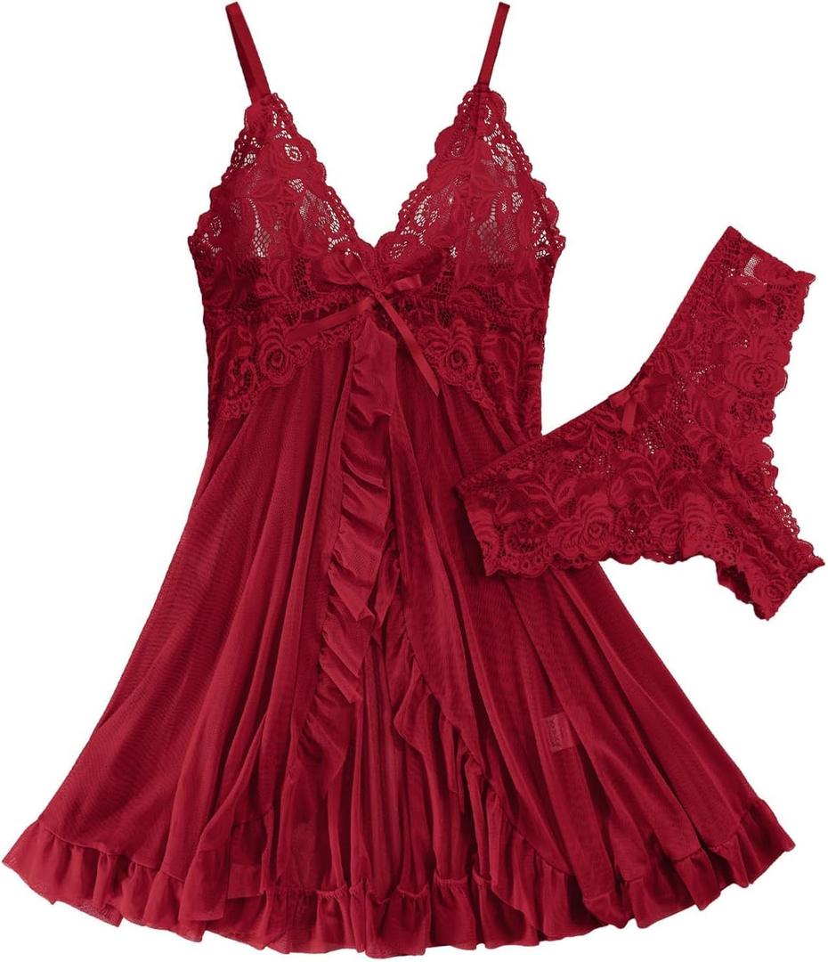 Foxiny Sexy Ruffle Sheer Mesh Lace Wireless Babydoll Lingerie Dress with Thong 2 Piece (Large, Red)