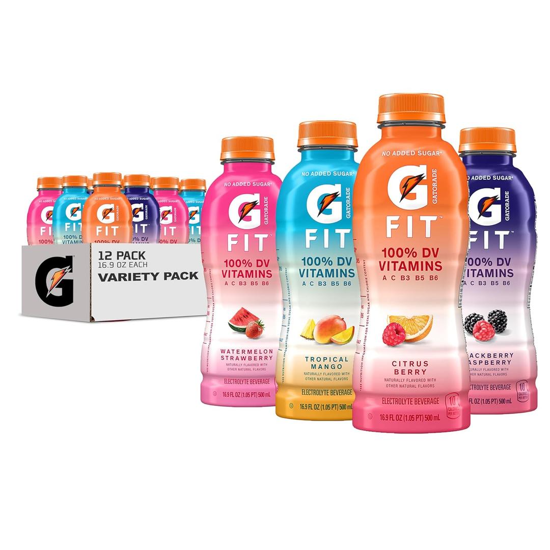 Gatorade Fit Electrolyte Beverage, Healthy Real Hydration, New 2.0 4 Flavor Variety Pack, 16.9.oz Bottles (12 Pack), BB 05/10/2025