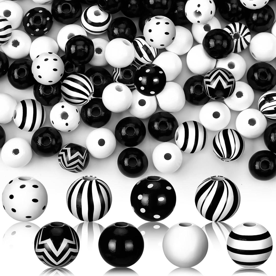 240 Pcs Black and White Christmas Wooden Beads for Crafts, 16mm Round Spacer Stripe Polka Dot Peppermint Beads Bulk for Jewelry Making DIY Garland Pens Winter Xmas Holiday Tiered Tray Tree Decor