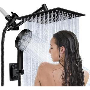Shower Head,10Rain Shower Head with Handheld Spray Combo and Adjustable Extension Arm/3-Way Flow Regulator/Shower System,High Pressure Rain Fall Hose,Matt Black