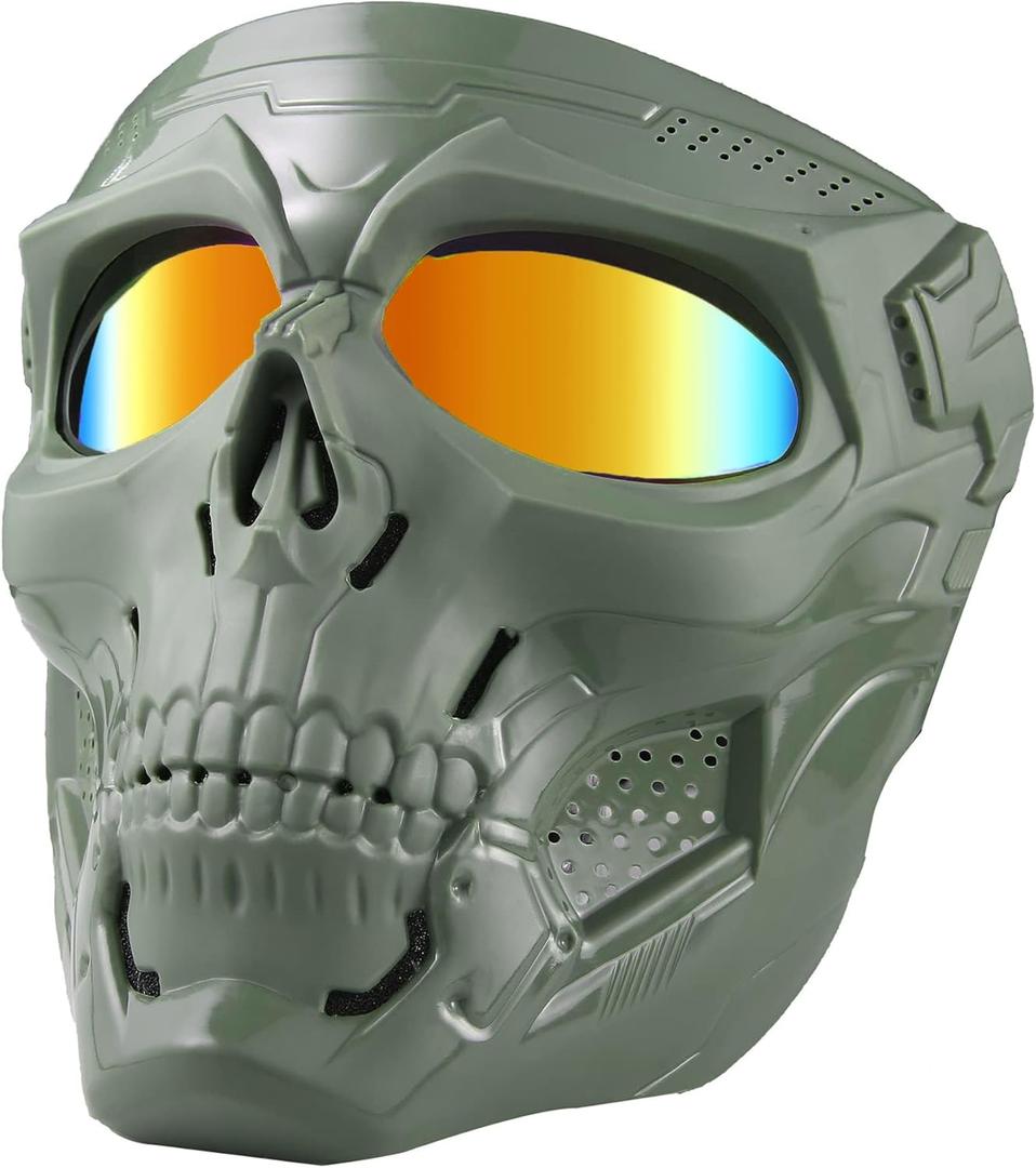 Skull Mask Full Face Tactical Masks for CS Survival Games Shooting Cosplay Movie Paintball Halloween Scary Masks (Green+Orange Lens)