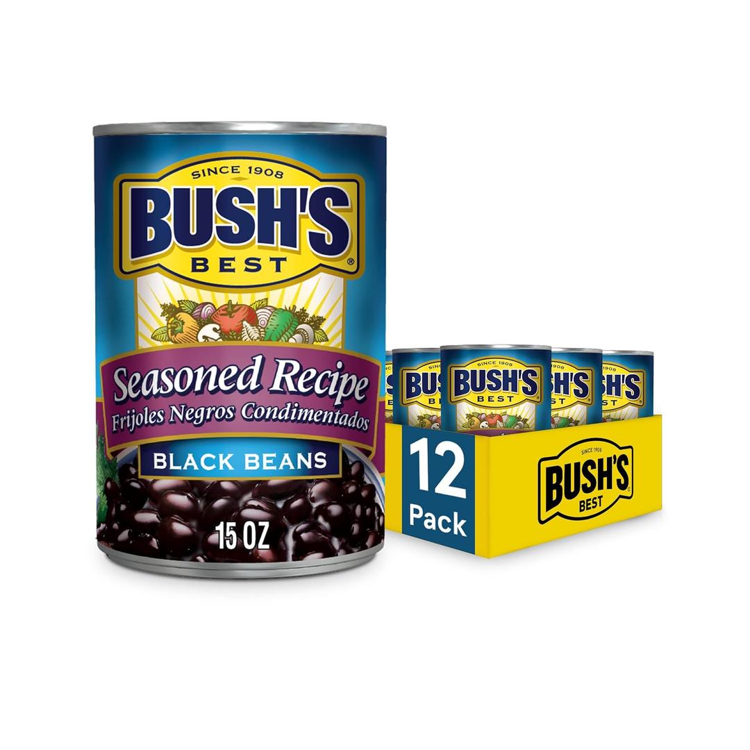 BUSH'S BEST 15 oz Canned Seasoned Recipe Black Beans, Source of Plant Based Protein and Fiber, Low Fat, Gluten Free, (Pack of 12)  Best By: Jan 2028
