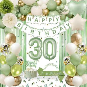 30th Birthday Decorations for Her, Sage Green 30th Bday Decorations for Women Happy Birthday Banner Green Gold Balloons Crown Sash Fringe Curtain Tablecloth Cake Topper for Bday Decor