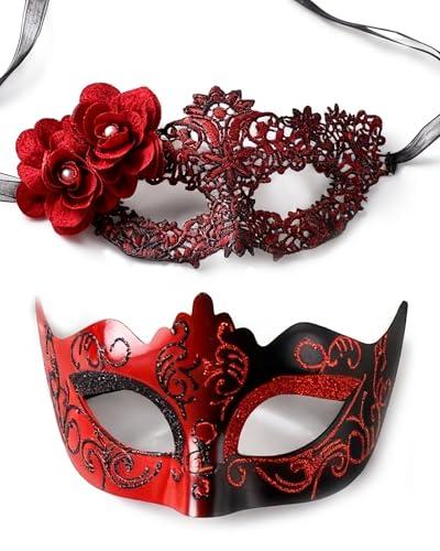 Zinniday Red Masquerade Mask for Couples, 2 Pcs Venetian Carnival Masks with Women Flower Lace Mask and Men Antique Eyemask, 2026 Couple Mask Set for Renaissance Ball Prom Party Costumes Accessory