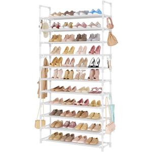 LANTEFUL 11 Tiers Tall Shoe Rack Holds 55 Pairs of Shoes with 18pcs Hooks Sturdy Wide Shoe Organizer Storage Free Standing Metal Shoe Shelf for Closet, Entryway White, 11 Tier-74.8" High-34" Wide