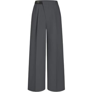 CIDER Belted Dress Pants Women High Waisted with Pockets Straight Leg Work Pants Business Casual Office Trousers (Large, Dark Grey (Run Small))