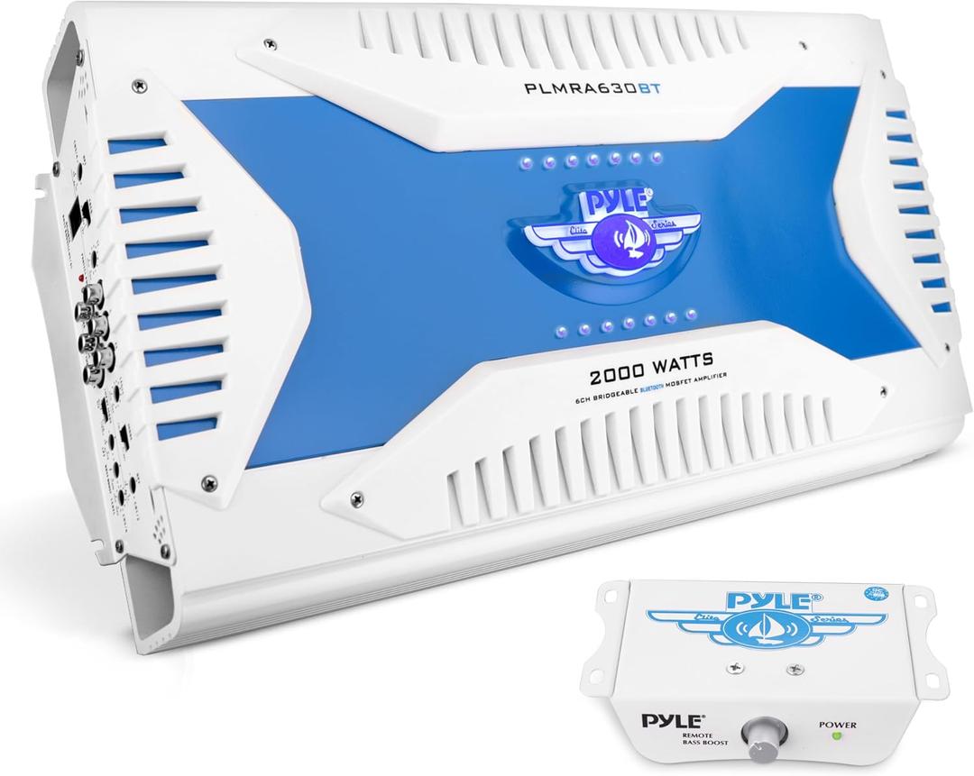 Pyle 2.1 Bluetooth Marine Amplifier Receiver - Waterproof 6 Channel Wireless Bridgeable Audio Amp for Stereo Speaker with 2000 Watt Power Dual MOSFET Supply GAIN Level and LED Indicator - PLMRA630BT