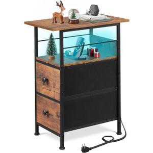 WLIVE Narrow Side Table with Charging Station, End Table with LED Lights,2 Fabric Drawers and Open Shelf, Bed Side Tables Living Room, Small Spaces, Bedroom, Nightstand with Drawers (Rustic Brown Wood Grain Print)
