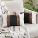 JASEN Set of 2 Faux Leather Pillow Cover 12x20, Black and White Decorative Throw Pillow Covers Brown Modern Stripe Accent Cushion Cover Couch Bed Sofa