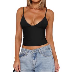 REORIA Butsmooth Womens Sexy V-Neck Sleeveless Double Lined Going Out Y2K Trendy Cami Shirt Cropped Tank Tops (Medium, Black)