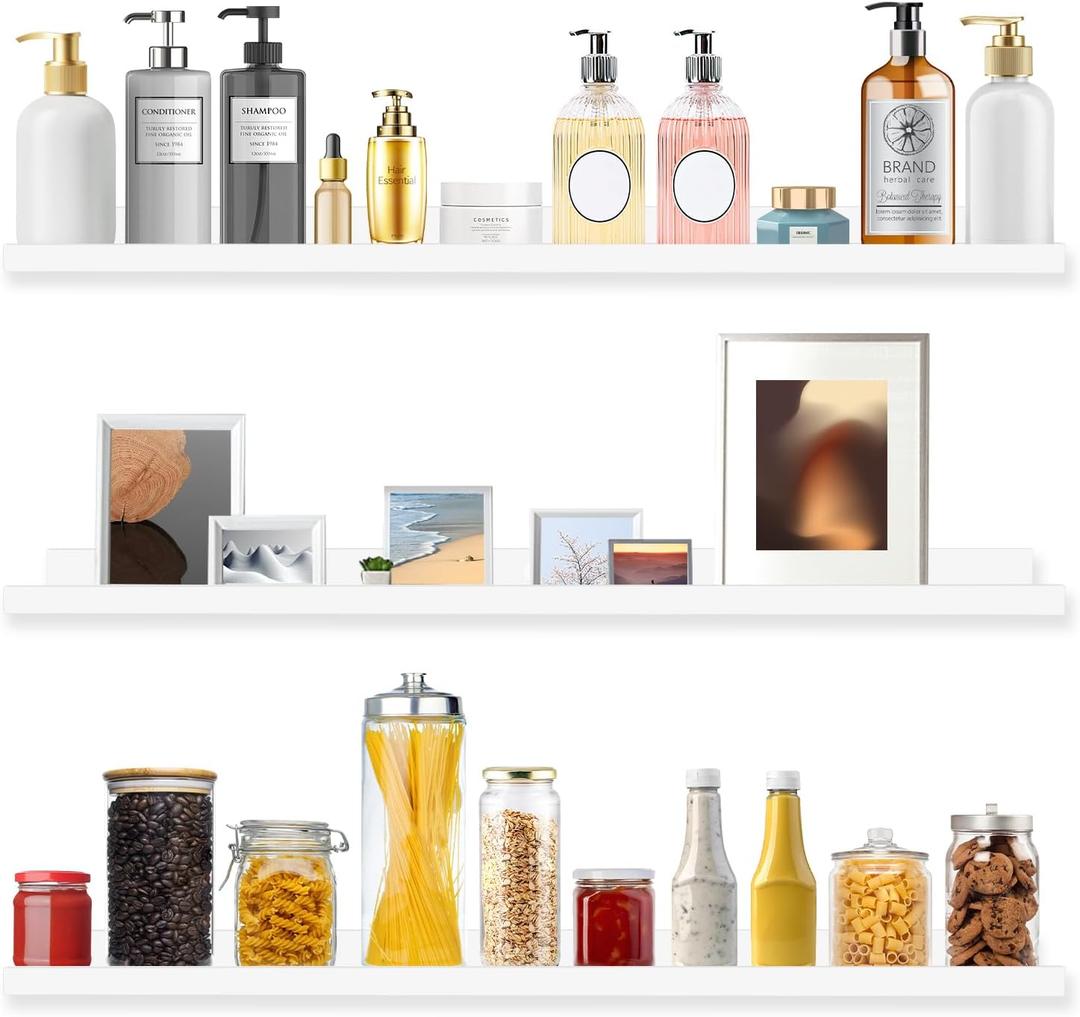 MBYD White Floating Shelves 36 Inches Long, Picture Ledge Wall Shelf for Frames Photo Albums, Wall Mounted Photo Shelves with Ledge Set of 3 Same Dimension for Bedroom Bathroom Living Room Kitchen