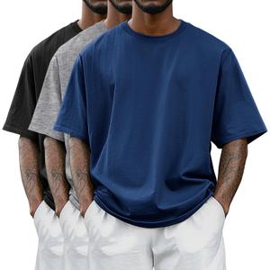 Riyiper 3 Pack Men's Big and Tall Shirts Half Sleeve Cotton Tee Crew Neck Elbow Length Top Casual Loose Fit T Shirts (Medium, Black, Blue, Light Gray)