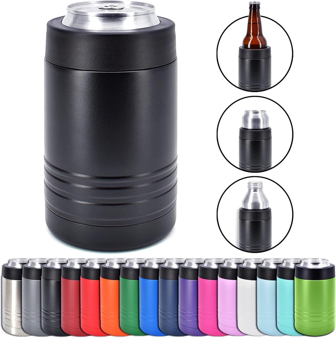 4-in-1 Stainless Steel 12 oz Double Wall Vacuum Insulated Can or Bottle Cooler Keeps Beverage Cold for Hours - Also Fits 16 oz Cans - Powder Coated Black - Clear Water Home Goods