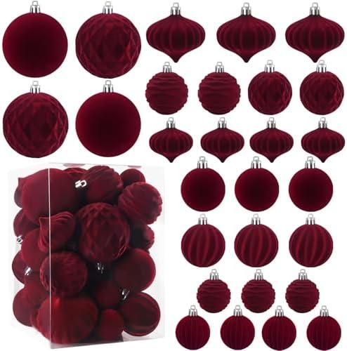 Celltestria 28PCS Velvet Christmas Balls Ornaments, Flocked Shatterproof Burgundy Xmas Tree Hanging Decoration Plastic Ball Set Bulk Ornament for Winter Trees Holiday Party Home Wreath Decor