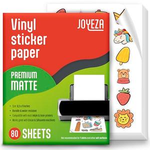 JOYEZA Premium Printable Vinyl Sticker Paper for Inkjet Printer - 80 Sheets Matte White Waterproof, Dries Quickly Vivid Colors, Holds Ink Well- Tear Resistant - Inkjet & Laser Printer