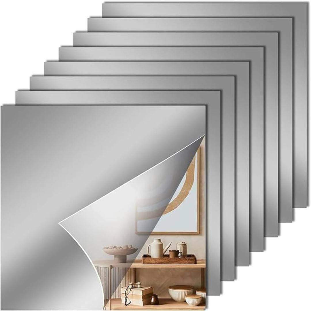 4 x 8 Pcs Flexible Mirror Reflective StickersNon Glass Safety Reflective Mirror, 12 x 12 in Self Adhesive Square Cuttable Acrylic Film Mirror for DIY Craft Home Wall Decoration