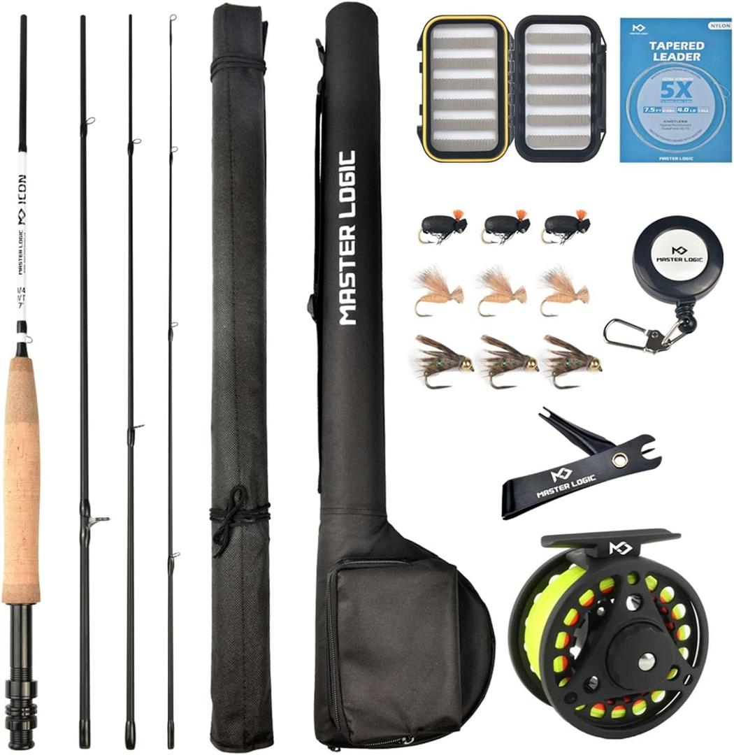 Fly Fishing Rod and Reel Combo Starter Kit, Graphite Fly Rod with Cork Handle, Die Cast Aluminum Reel, Fly Box Case & Fishing Flies and Carrying Case and Accessories, 3/4wt - 7' - 4 pc