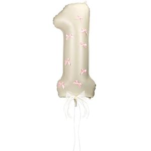 Hollowfly Number 1 Pink Bow 1st Birthday Balloon, 32 Inch Giant Aluminum Foil Number 1 Cream White Balloon Coquette Party Decoration for Christmas Girl Boy Birthday Baby Shower Anniversary Party Gifts