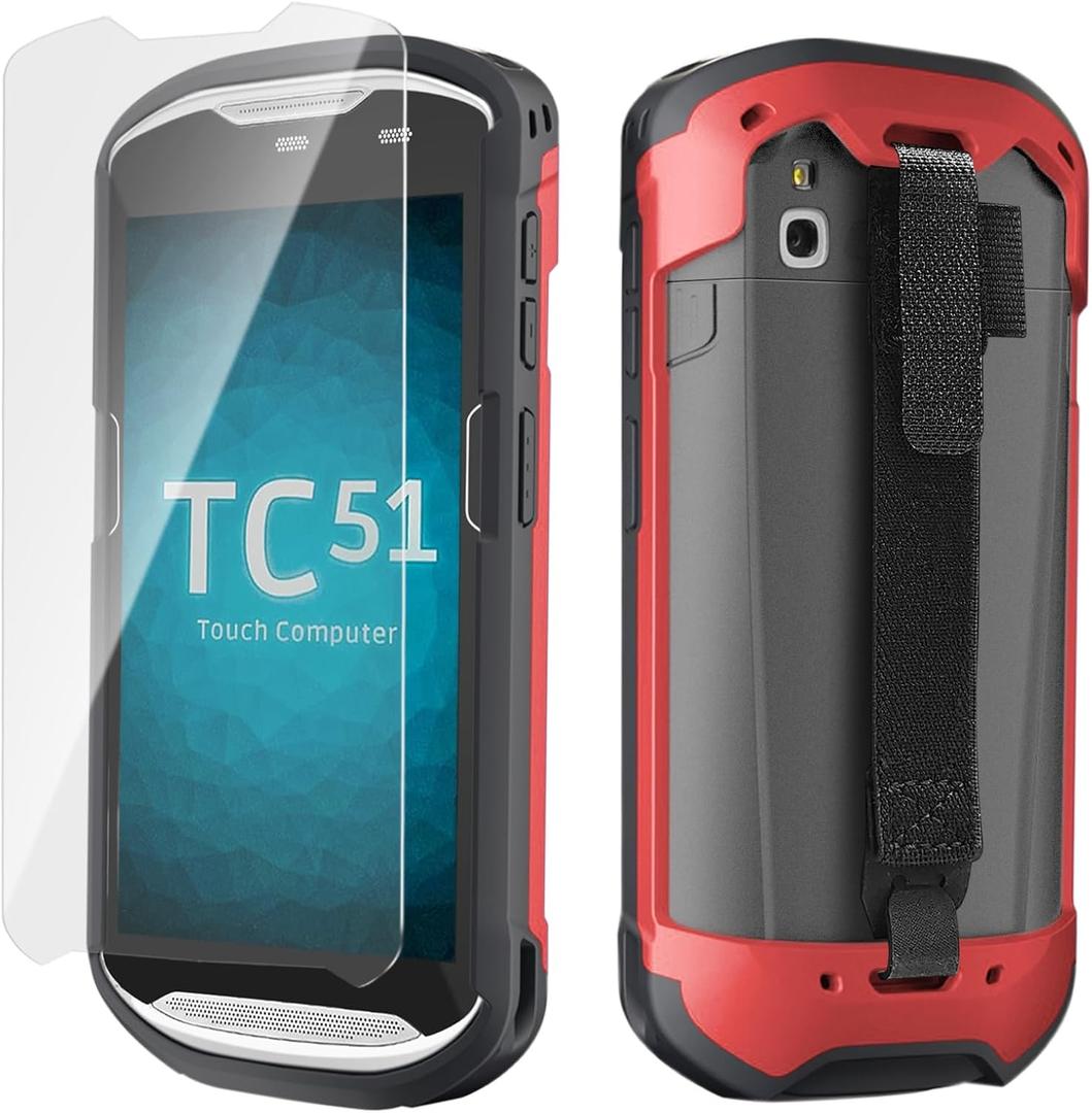 Protective Case Cover for Zebra TC51 TC52 TC56 TC57 TC510K Rugged Boot with Hand Strap for Zebra Phone Case with Tempered Glass (Red)