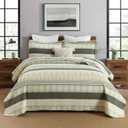 Homzard Queen Quilt - Cotton Comforter Set Queen Size, Green Yellow Striped Quilt Set,Olive Green Plaid Quilted Bedspread, Lightweight Bedding Comforter 3 Pieces All Season