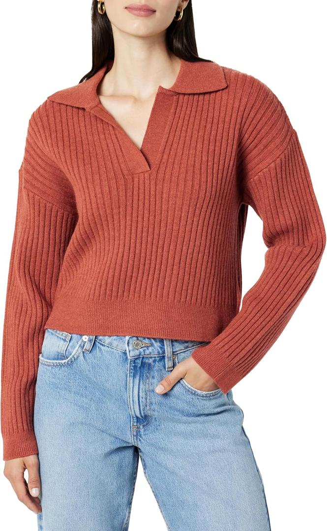 The Drop Women's Marcy Ribbed Polo Top (X-Large), Rust