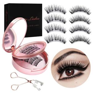 Magnetic Eyelashes with Applicator, Natural Look Dual Magnetic False Lashes No Glue No Eyeliner Needed, Reusable Lightweight 3D Fake Eyelashes Kit for Daily Makeup, 4 Pairs Black Eyelash Set