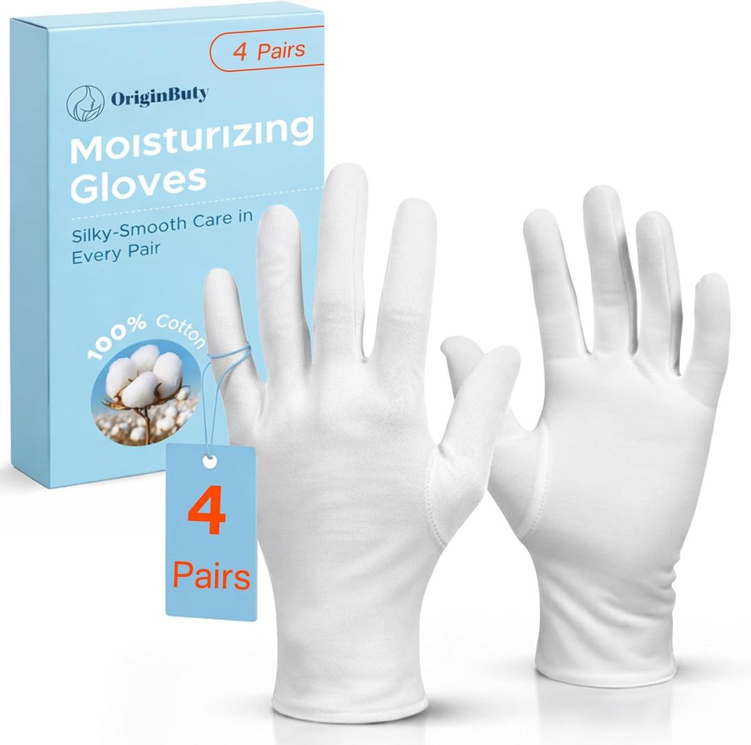 Cotton Gloves for Dry Hands Sleeping  4 Pairs 100% Cotton Moisturizing Gloves Overnight, Breathable Reusable Spa Care White Gloves Costume for Hand Repair (One size)