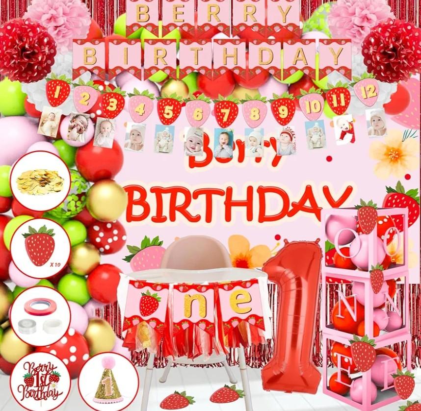 177pcs Berry First Birthday Decor, 1st Birthday Decorations Girl with Balloon Arch Kit, Baby Boxes, Paper Pom Poms, Fringe Curtains, Cake Copper