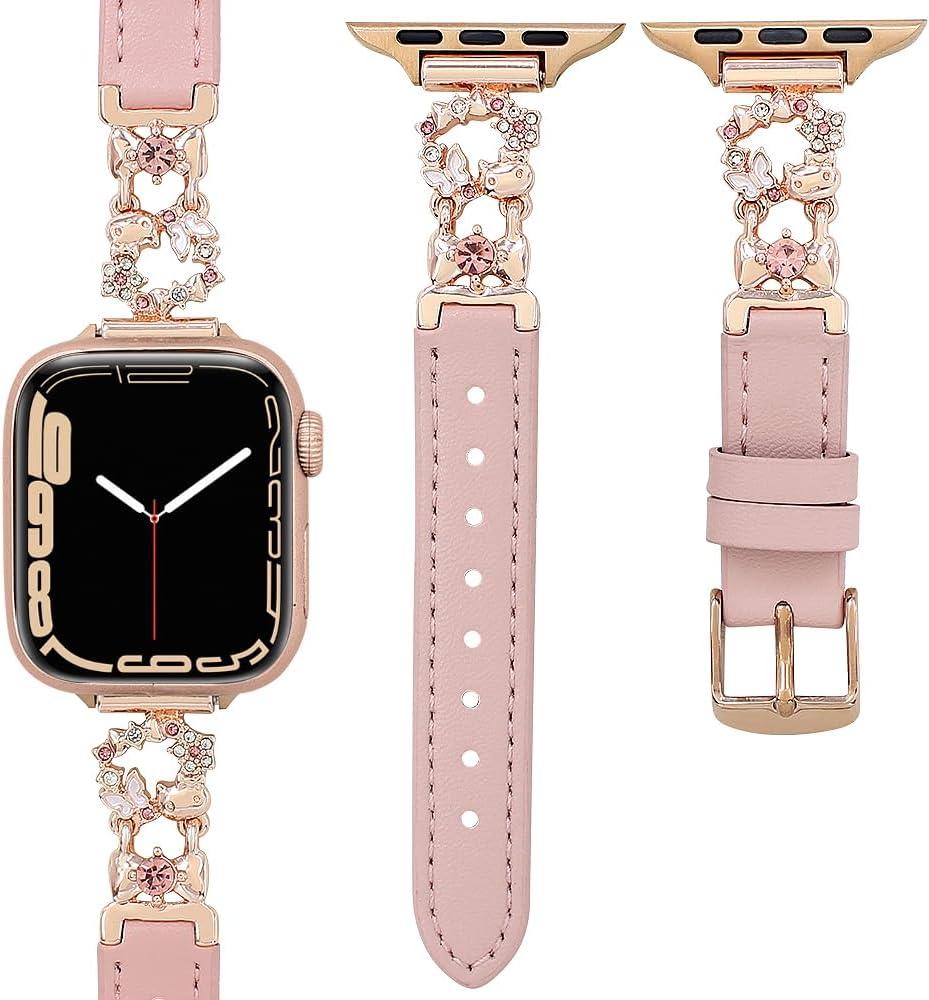 Leather Band Compatible with Apple Watch Bands 38/40/41/42/44/45/46/49mm Women, Slim Dressy Premium Leather Strap with Flower Bows Metal Buckle for iWatch Series 10 9 Ultra SE 8 7 6 5 4 3 2 1