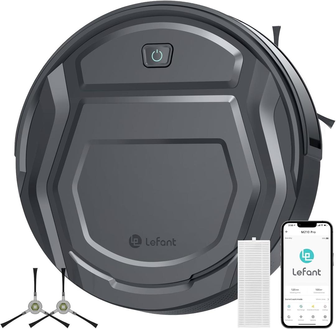 Lefant M210 Pro Robot Vacuum, Slim & Quiet, 3 Adjustable Suction Levels, 120 Min Runtime, Freemove 3.0, WiFi/App/Alexa, 6 Modes for Pet Hair, Hard Floors & Low Carpets, Self-Charging, Gray (Medium, Charcoal Grey)