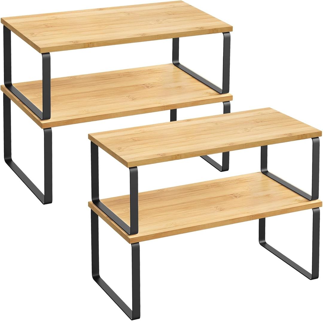 SONGMICS Cabinet Organizer Shelf, Set of 4 Kitchen Counter Shelves, Kitchen Storage, Spice Rack, Stackable, Expandable, Metal and Engineered Wood, Ink Black and Natural Beige UKCS210B01 (15.6"W)