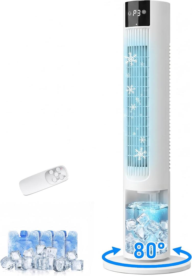 35" Evaporative Air Cooler, 3-In-1 Swamp Cooler, Portable Air Conditioners No Windows Needed, 3 Speeds, 4 Ice Packs, 12H Timer, 80 Oscillation, Remote, AC Cooling Fan for Bedroom, Room