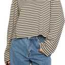 Y2k Womens Striped Cropped Shirt Drop Shoulder Long Sleeve Crewneck Sweatshirt Fairy Grunge Sweater Tops Streetwear (Medium)