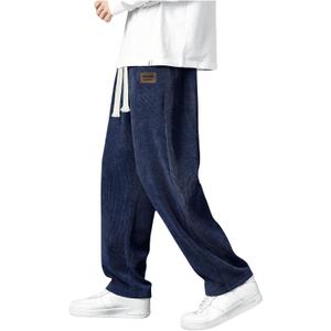 Men's Baggy Pants Tie Front Drawstring Waist Corduroy Pants Casual Loose Straight Leg Pants Trousers (X-Large, Dark Blue)