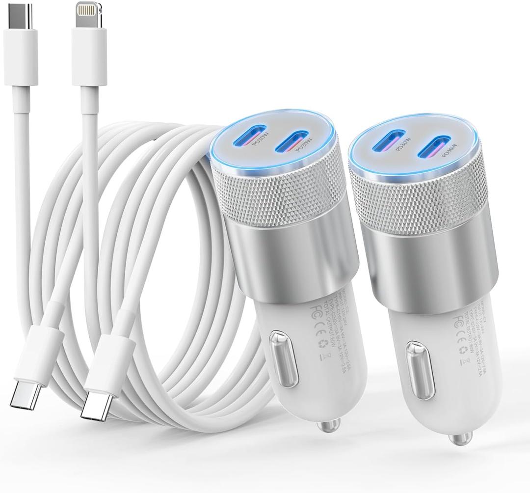 iPhone Car Charger Fast Charging, [Apple MFi Certified] 60W Dual USB-C Power Cigarette Lighter Car Charger+Type-C Cable&Lightning Cable for iPhone 16 15 14 13 12 Pro Plus XS XR iPad, Samsung, Carplay (Sliver)
