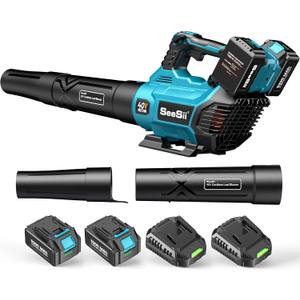 Seesii 40V Leaf Blower Cordless, 680CFM/210MPH Brushless Motor with 2 * 5200 mAh Batteries and 2*Chargers, Variable Speed Control & Turbo Button, Electric Blower for Lawn Care/Debris/Dust (Dark Blue)