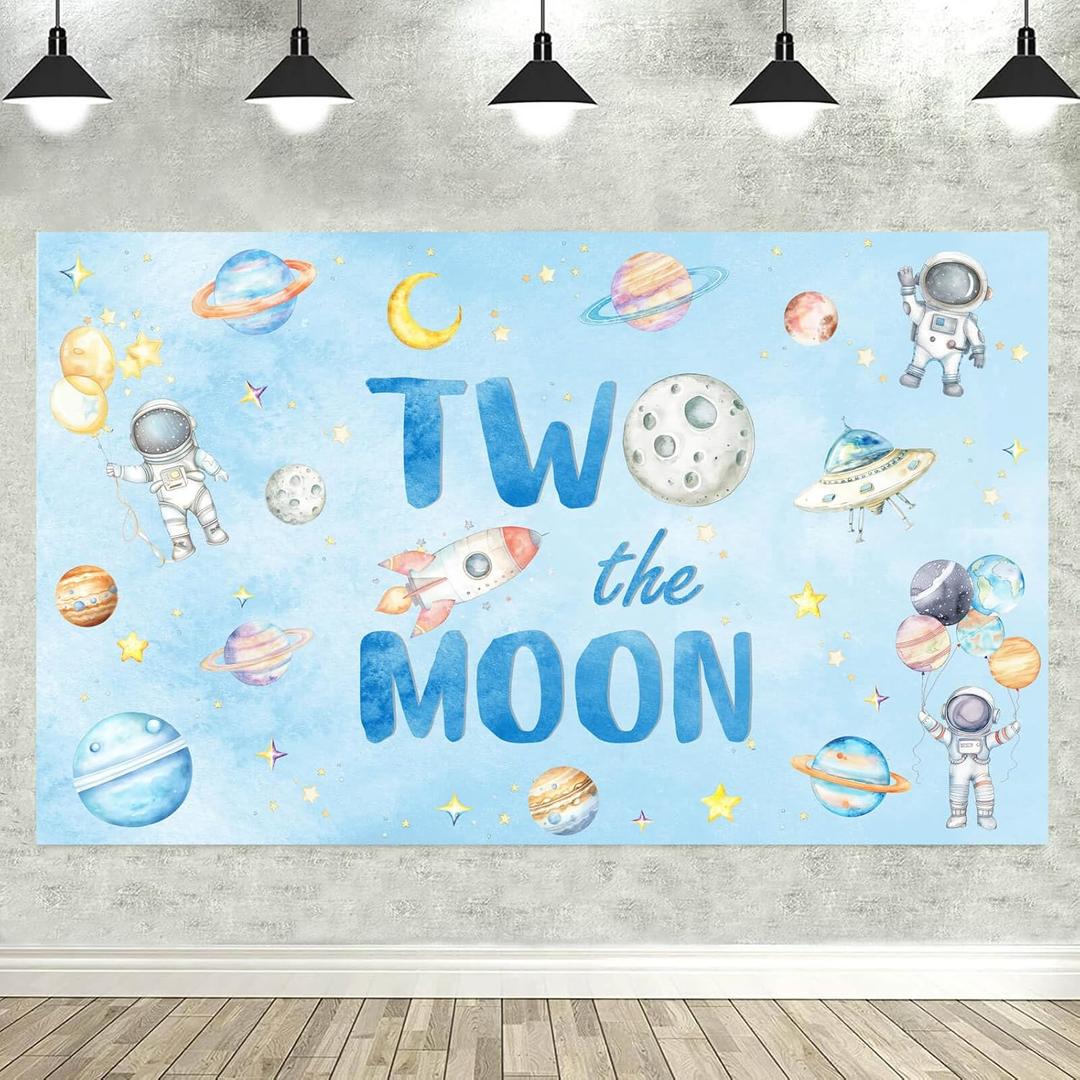 Two The Moon Birthday Backdrop Blue Out Space Man Galaxy Rocket Astronaut Planet Moon Theme Baby Boy 2nd Birthday Photography Background Party Decorations Photo Booth Props