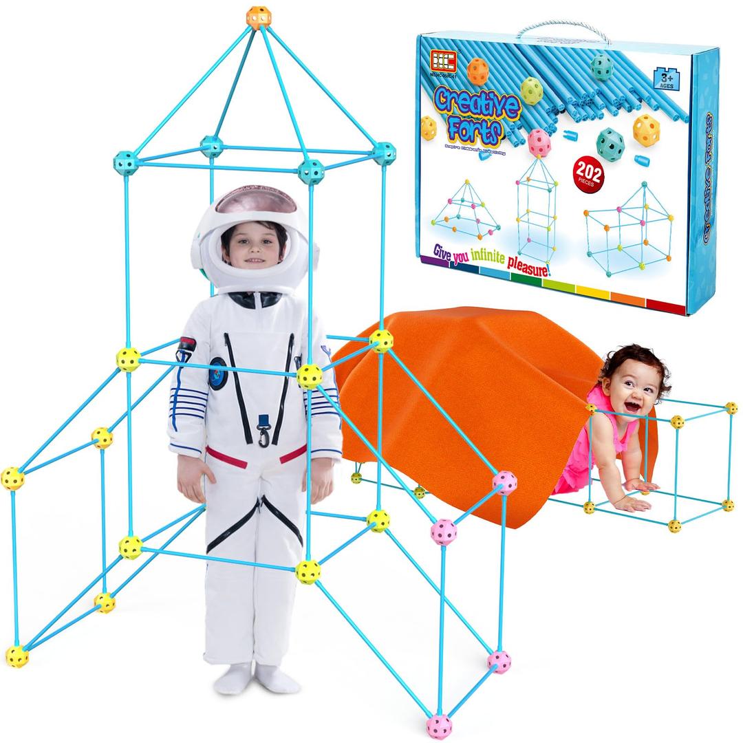 202 Piece Fort Building Kit - Indoor Play Engineering Set with Connecting Sticks & Balls - Creative STEM Building Toys for Kids Play Spaces, Tents & Hideouts