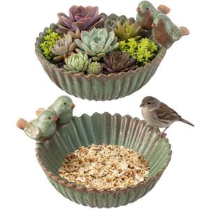 2 Pack 6.3 Inch Birds Special Design Fun Garden Flower Ceramic Planter Birds Feeder Succulent Pot Flowerpot or Feeder Bird Food Holder for Garden Outside Decor for Outdoor Gifts