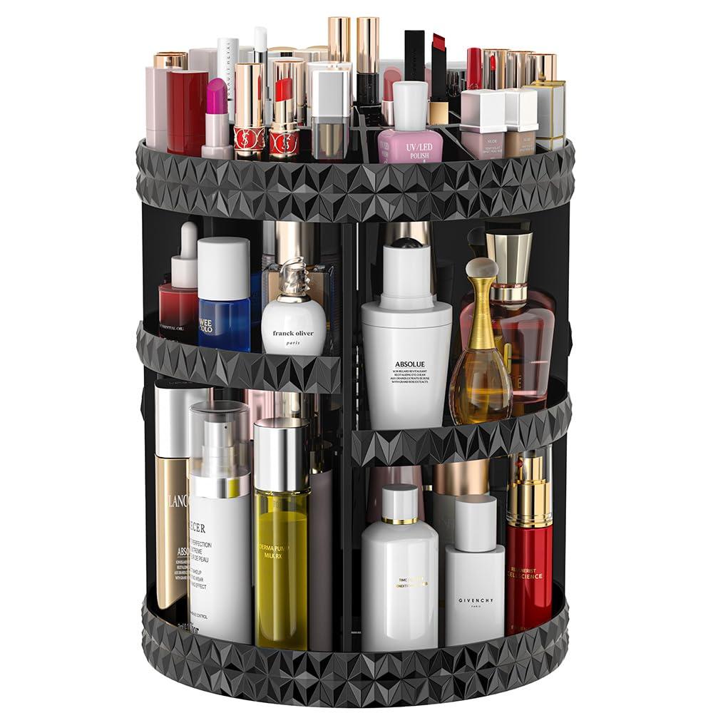 Makeup Organizer, 360 Degree Quiet Rotating DIY Adjustable Perfume Storage Rack Cosmetic Storage Display Case with Large Capacity, Fits Jewelry, Makeup Brushes, Lipsticks and More, Black