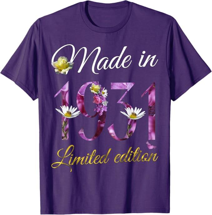 Made in 1931 Tee 94 Year Old Floral 1931 94th Birthday Gift T-Shirt Size S Purple