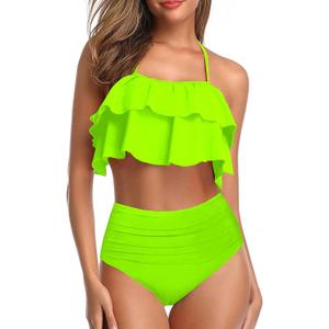 Tempt Me Women Two Piece Swimsuits High Waisted Bikini Teen Ruffle Tummy Control Bottoms Halter Bathing Suits (Large, Neon Green)